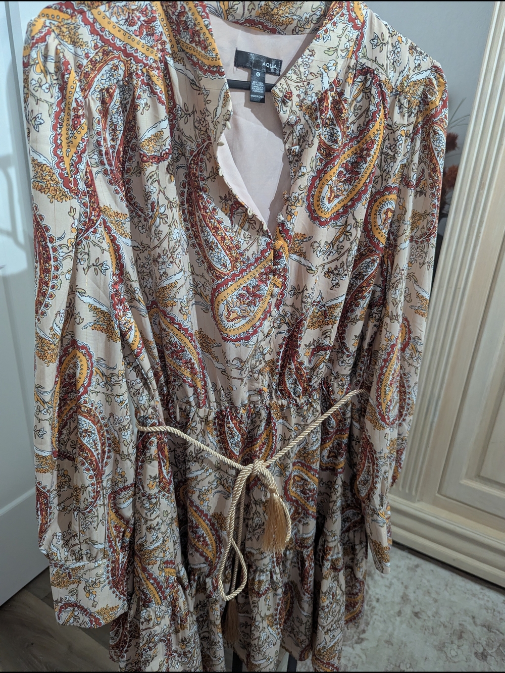 AQUA Paisley Tie-Waist Peasant Dress in Cream and Mustard